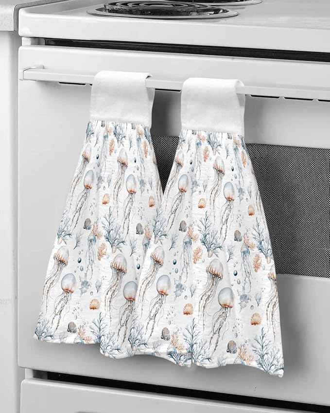 Alandar Home Kitchen Tie Towel Set of 1, Summer Marine Life Jellyfish Absorbent Soft Hand Towels for Bathroom Hanging Towels, Watercolor Starfish Conch Fast Drying Cleaning Cloth with Loop