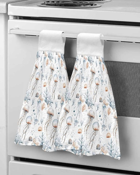 Alandar Home Kitchen Tie Towel Set of 2, Summer Marine Life Jellyfish Absorbent Soft Hand Towels for Bathroom Hanging Towels, Watercolor Starfish Conch Fast Drying Cleaning Cloth with Loop
