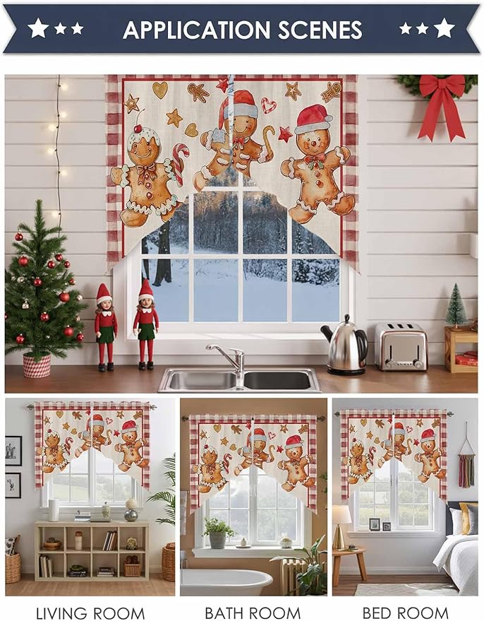 Christmas Swag Valance Curains Watercolor Ginger Bread Man Linen Texture Rod Pocket Kitchen Curtains Scalloped Window Treatment Valances Swag for Living Room Bedroom, 1 Pair, 36"W x 36"L
