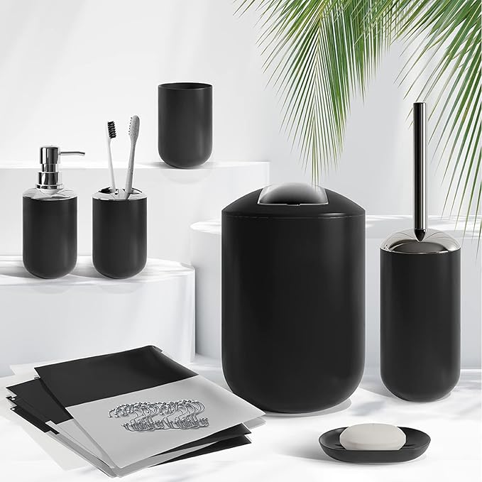 Clara Clark Bathroom Set - Black Bathroom Accessories Set, 20PC Bathroom Accessory Set, Shower Curtain Set, Soap Dispenser, Toilet Brush, & Trash Can