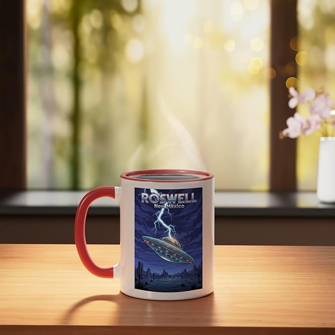 Roswell UFO Flying Saucer New Mexico Souvenir Lightning Ceramic Mug, Red/White