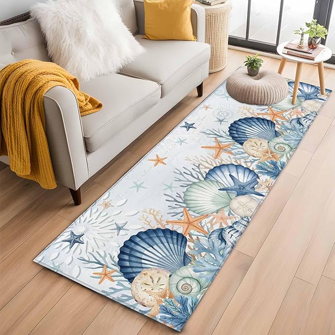 Runner Rug for Bedroom Hallway, Underwater Shells Starfish on Blue Kitchen Runner Rugs Area Rug 2x6ft, Colorful Coral Washable Soft Floor Carpet for Entryway Stair