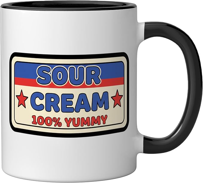 Sour Cream 100% Yummy Retro Food Label Vintage Snack Ceramic Mug, Black/White