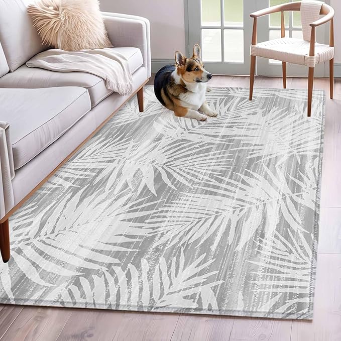 Area Rug 4x6ft, Modern Gray Palm Leaves Washable Rugs for Living Room Bedroom, Boho Tropical Leaves Soft Non-Slip Area Rugs Rectangle Floor Carpet for Dining Room