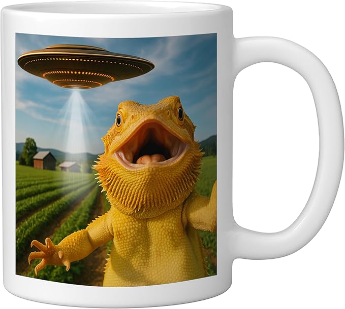 Funny Bearded Dragon Selfie with Alien UFO Ceramic Mug, White