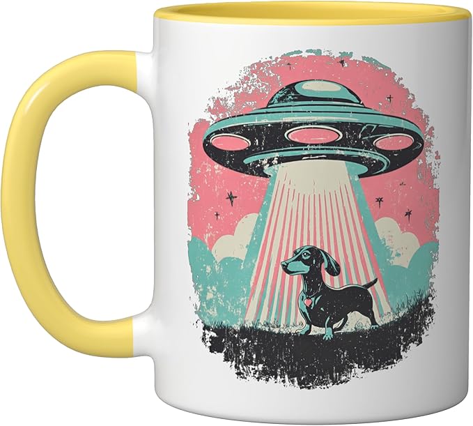 Retro UFO Dachshund Dog Alien Beam Vintage Sci Fi Pooch Ceramic Mug, Yellow/White