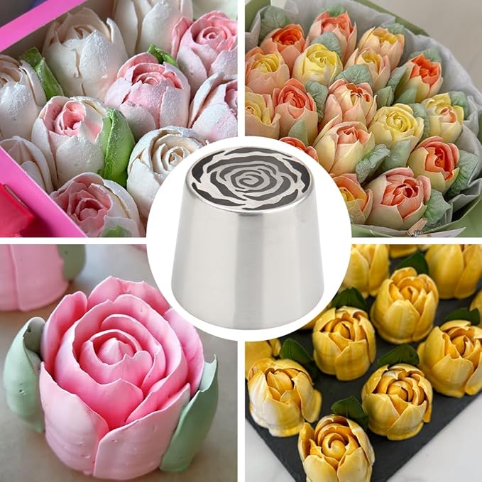 Extra Large Russian Piping Tip Set - 6 Stainless Steel Marshmallow Buttercream Framing Nozzles for 3D Roses Tulip Cake Decorations and Marshmallow Bouquets, Includes 1 Cleaning Brush(6C)