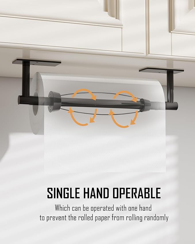 Paper Towel Holder Under Cabinet Paper Towel Holder Wall Mount, Single Hand Operable with Damping Effect,Adhesive Stainless Steel for Kitchen Bathroom Commercial (Black)