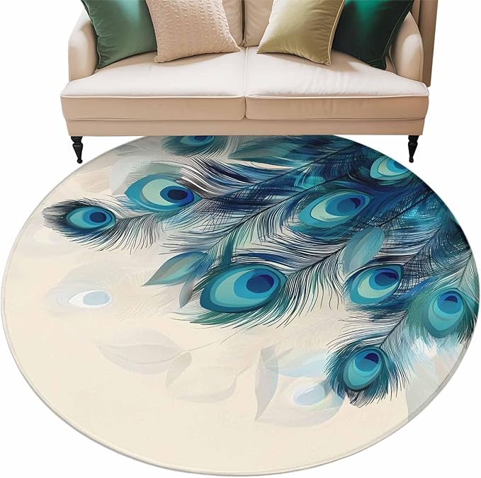 Washable Round Area Rug Abstract Animal Art Peacock Feather Circle Rugs Floor Carpet for Living Room Bedroom, Watercolor Blue Eyes Beige Soft Non Slip Round Rug 5ft
