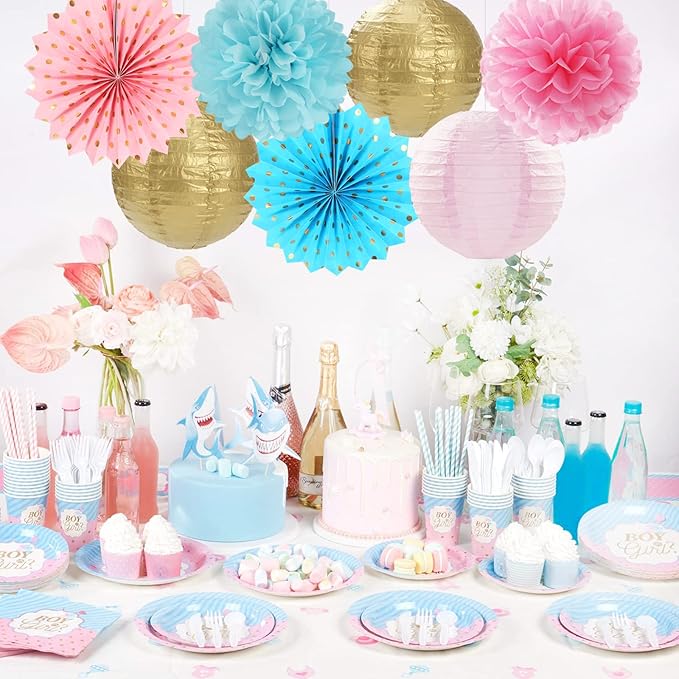 OURUOLA Pink Blue-Gold Party-Decorations Streamers Lanterns - 14pcs Gender Reveal Boy or Girl Birthday Paper Lanterns Fan,Tissue Pom Poms Streamer, Honeycomb Balls Decor