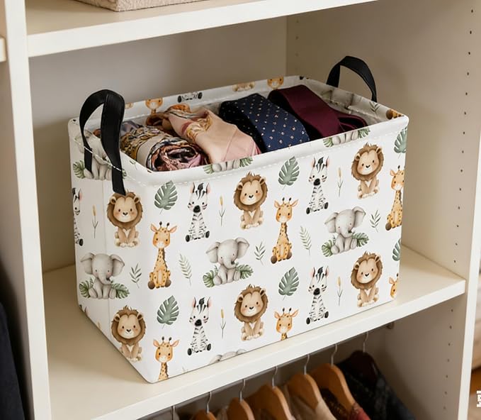 Essme Rectangular Animal Baskets,Kids Storage Box,Cute Basket for Kids with Handles for Room Decor, Book Bins,Shelf Basket.(Leaf Animals)