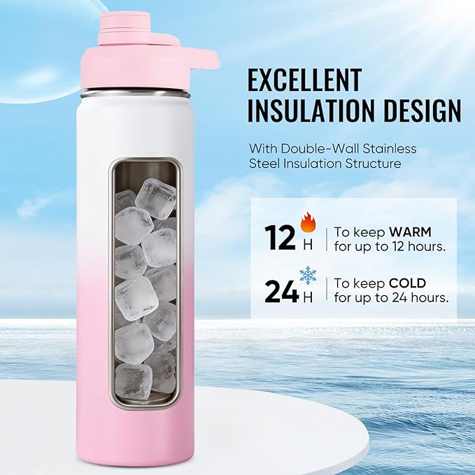Fijinhom 24 oz Insulated Water Bottle with Handle, 304 Stainless Steel Water Bottles with Wide Mouth, Double Wall Vacuum Sports Water Bottle, BPA Free, Keep Cold and Hot, Strawberry Milk