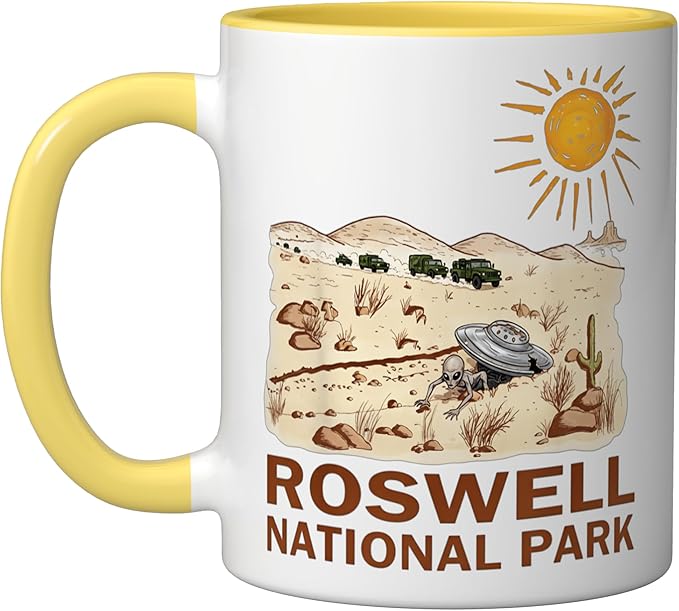 Roswell National Park UFO Flying Saucer Crash 1947 UAP Alien Ceramic Mug, Yellow/White