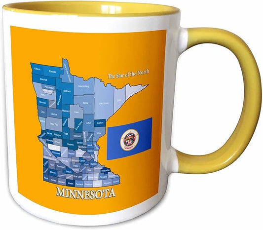 3dRose Flag, Map and motto of Minnesota with all counties labeled 15oz Two-Tone Yellow Mug