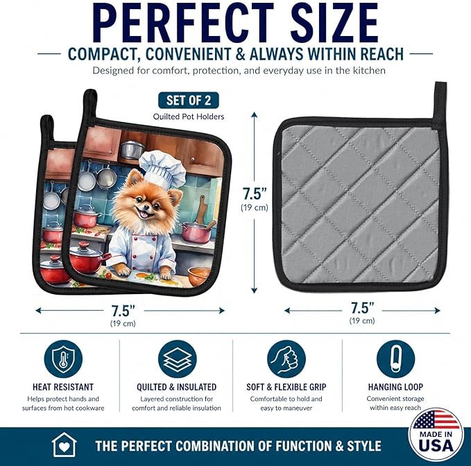 Caroline's Treasures Pomeranian The Chef Pair of Pot Holders Kitchen Heat Resistant Pot Holders Sets Oven Hot Pads for Cooking Baking BBQ, 7 1/2 x 7 1/2