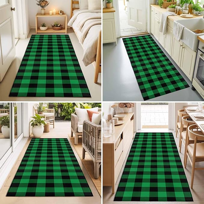 Runner Rug for Bedroom Hallway, St. Patrick's Day Lucky Green Black Plaid Kitchen Runner Rugs Area Rug 2x6ft, Buffalo Lattice Washable Soft Floor Carpet for Entryway Stair