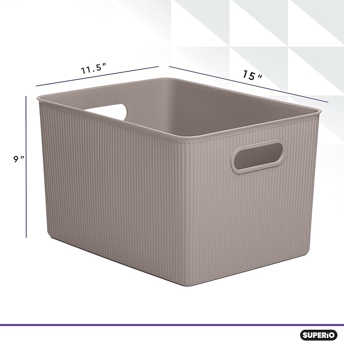 Superio Decorative Plastic Basket Open Home Storage Bins Organizer Baskets, X-Large Taupe (8 Pack) Container Boxes for Organizing Closet Storage Bins for Shelves Drawer Shelf 22 Liter/23 Quart