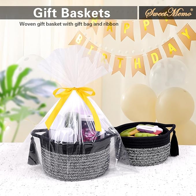 Small Round Gift Baskets with Handles Set 2, SweetMemo Little Empty Gifts Basketsl, Cute Woven Cotton Rope Storage Bins for Men, Desk, Plant, Bathroom, Decorative, Pre-Shaped, Two Pack - Black Gray