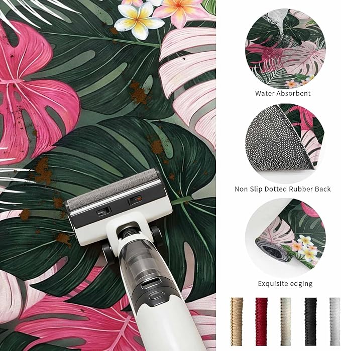 Area Rug 3x5ft, Summer Watercolor Pink Green Leaf Washable Rugs for Living Room Bedroom, Tropical Flower Leaves Plant Soft Non-Slip Area Rugs Rectangle Floor Carpet for Dining Room
