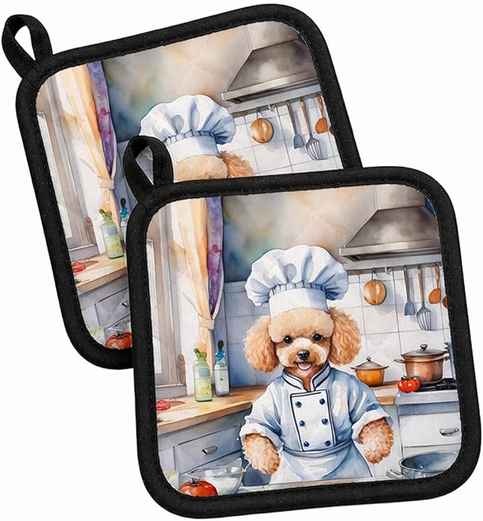 Caroline's Treasures Poodle The Chef Pair of Pot Holders Kitchen Heat Resistant Pot Holders Sets Oven Hot Pads for Cooking Baking BBQ, 7 1/2 x 7 1/2