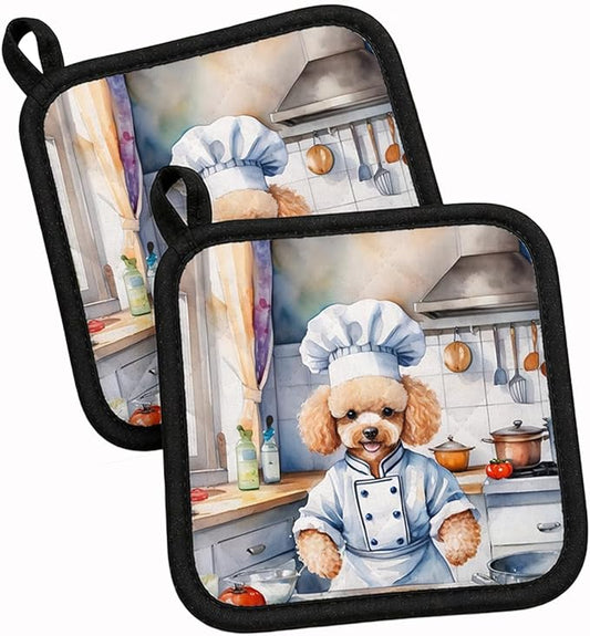 Caroline's Treasures Poodle The Chef Pair of Pot Holders Kitchen Heat Resistant Pot Holders Sets Oven Hot Pads for Cooking Baking BBQ, 7 1/2 x 7 1/2