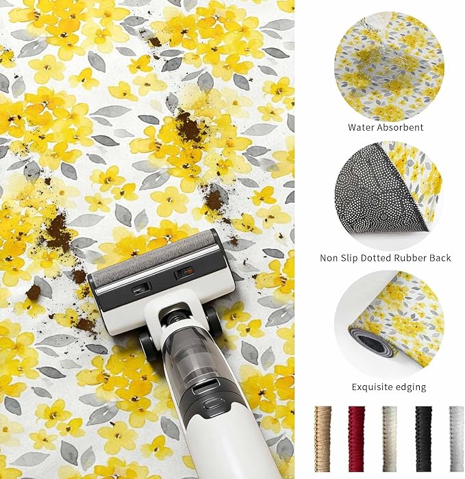 Area Rug 2x3ft, Summer Pastoral Yellow Flower Washable Rugs for Living Room Bedroom, Country Floral Leaf Theme Soft Non-Slip Area Rugs Rectangle Floor Carpet for Dining Room