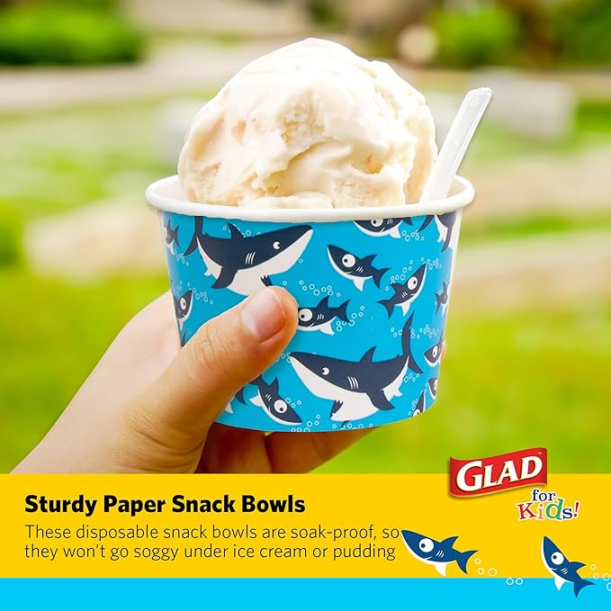 Glad for Kids Shark Paper Snack Bowls, Lids Not Included - Heavy Duty, Soak-Proof, Microwavable Kid-Friendly Disposable Snack Cups, No Lids Included, 12 Ounce, 20 Count