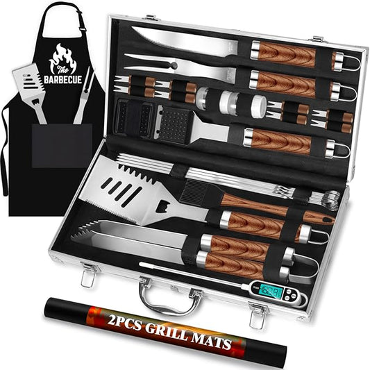 ROMANTICIST 26pcs Grilling Gifts for Men, Dad Gifts for Father's Day, Stainless Steel BBQ Grill Accessories Tools Set, Heavy Duty BBQ Utensils Kit with Apron, Thermometer, Mats in Aluminum Case Brown