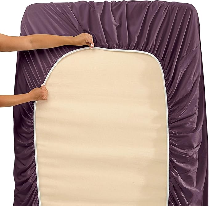 Lamma Loe Silky Soft Luxurious Supreme Microfiber 4-Piece Sheet Set with Embroidered Pillow Cases, Full, Eggplant Purple
