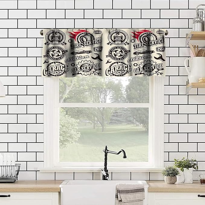 Retro Man Valances Curtains Car Repair Shop Logos Monochrome Car Silhouettes Best Garage, Windows Short Curtain Valance for Kitchen Bedroom Bathroom Decor with Rod Pocket, One Panel 54X18 Inches