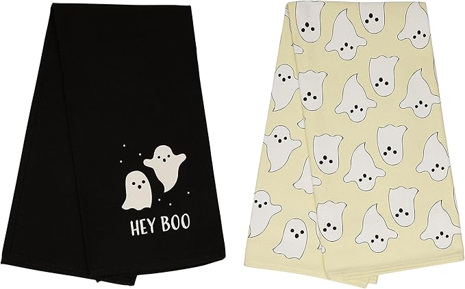 Pearhead Hey Boo Ghost Dish Towels for Kitchen, Halloween and Fall Decor, Spooky Season Gift Ideas, Set of 2
