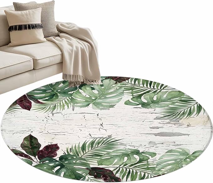 Washable Round Area Rug Summer Green Monstera Palm Leaves Circle Rugs Floor Carpet for Living Room Bedroom, Vintage Botantical Soft Non Slip Round Rug 3ft