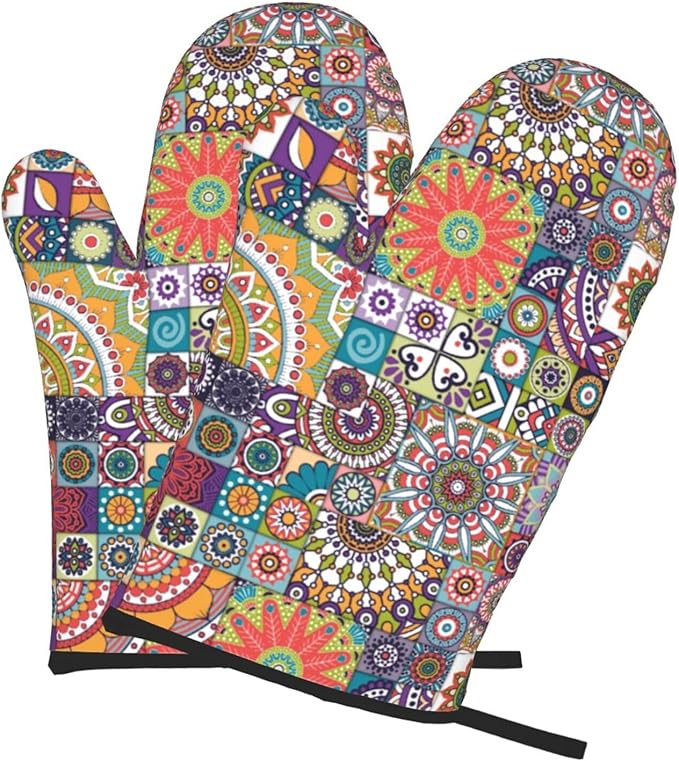 Boho Mandalas Oven Mitts of 2 Pack, Funny Kitchen Gloves Heat Resistant Non-Slip Kitchen Mitts for Cooking Baking Grilling