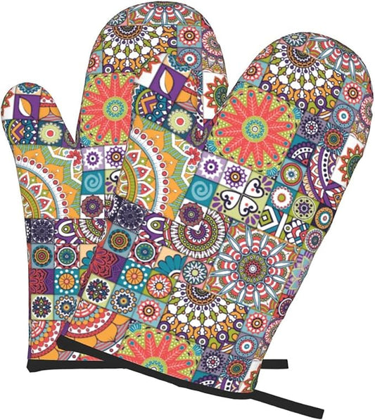 Boho Mandalas Oven Mitts of 2 Pack, Funny Kitchen Gloves Heat Resistant Non-Slip Kitchen Mitts for Cooking Baking Grilling
