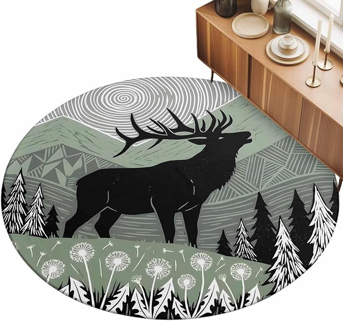Washable Round Area Rug Black Wildlife Elk Circle Rugs Floor Carpet for Living Room Bedroom, Bohemian Green Mountain Peaks Soft Non Slip Round Rug 5ft