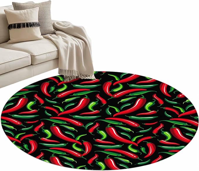Washable Round Area Rug Spicy Chili Pepper Pattern Circle Rugs Floor Carpet for Living Room Bedroom, Red Green Peppers on Black Soft Non Slip Round Rug 3ft