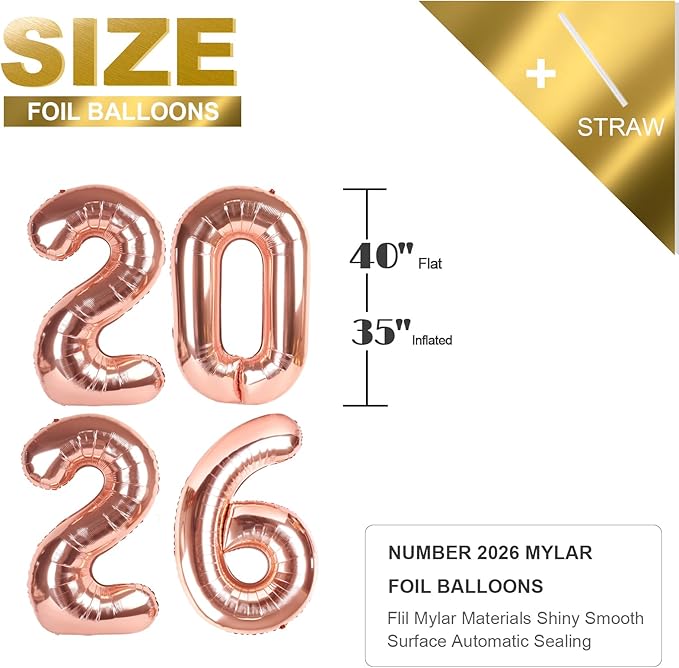 2026 Numbers Rose Gold Balloon, 40 Inch Balloon, New Years Eve Decorations, Balloons for New Years Eve Party Supplies 2026, Graduation Decoration, 2 6 20 26 Birthday Parties