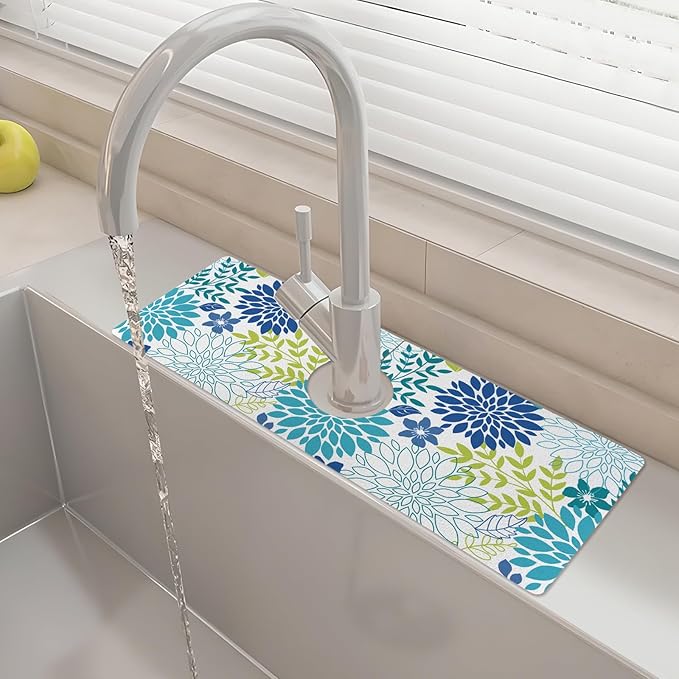 15" X 5.5" Kitchen Sink Splash Guard Faucet Mat Floral Super Absorbent Fast Drying Faucet Guard & Draining Mat Sink Splash Guard Behind Faucet for Kitchen, Bathroom