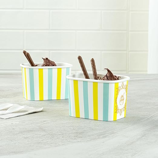 Restaurantware Paper Cups 200 Count 12 Ounce Square Disposable Ice Cream Containers, Leak-Resistant Paper Dessert To Go Cups, Hot And Cold Food, Durable Blue And Green Stripe Design