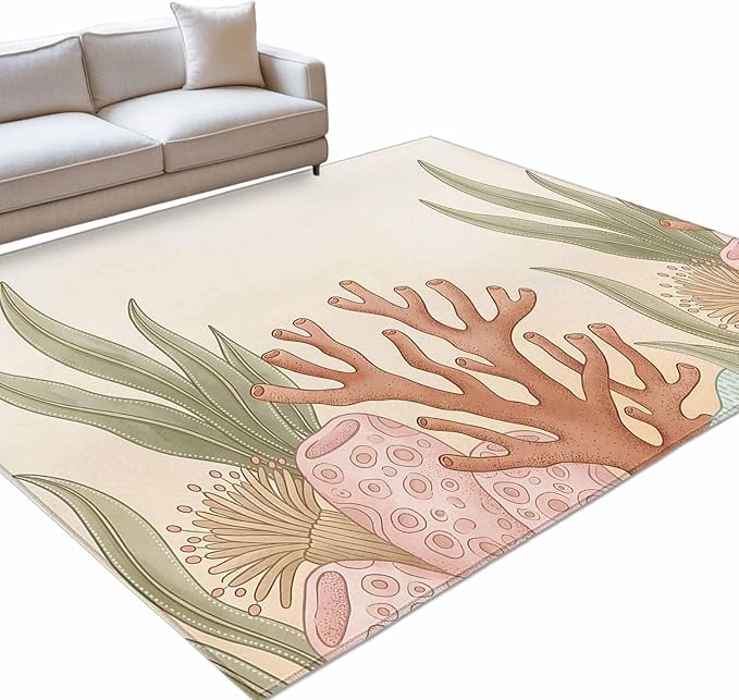 Area Rug 4x6ft, Ocean Coral Seaweed Shell Reef Washable Rugs for Living Room Bedroom, Watercolor Marine Theme Soft Non-Slip Area Rugs Rectangle Floor Carpet for Dining Room