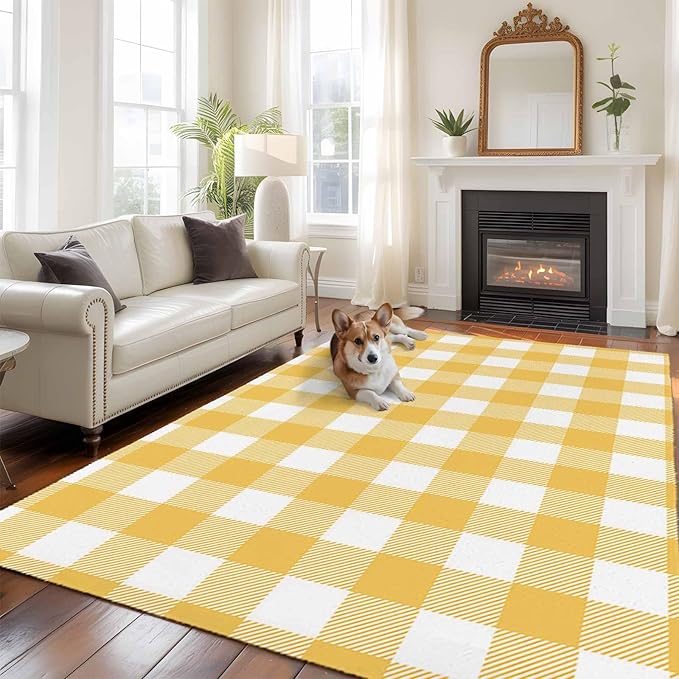 Area Rug 6x9ft, Rustic Country Yellow and White Buffalo Lattice Checked Washable Rugs for Living Room Bedroom, Farm Style Soft Non-Slip Area Rugs Rectangle Floor Carpet for Dining Room
