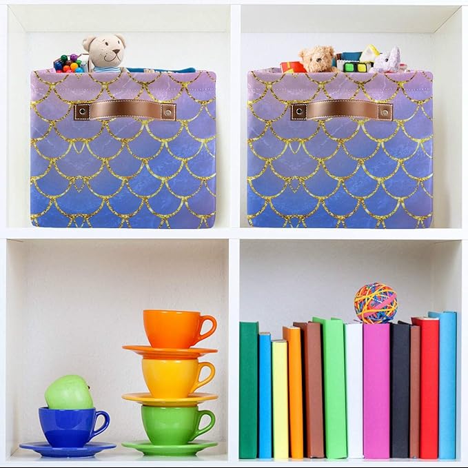 Rectangular Storage Bin Colorful Mermaid Fish Scales Basket with Handles - Toy Bins Laundry Storage Basket for Kids Toy Pets Room Closet