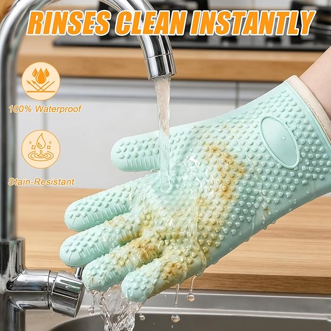 2Pack Heat Resistant Oven Mitts for Grilling and Baking, Non-Slip Silicone Gloves, Waterproof Kitchen Mitts with Flexible Fit & Easy to Clean Design, Green