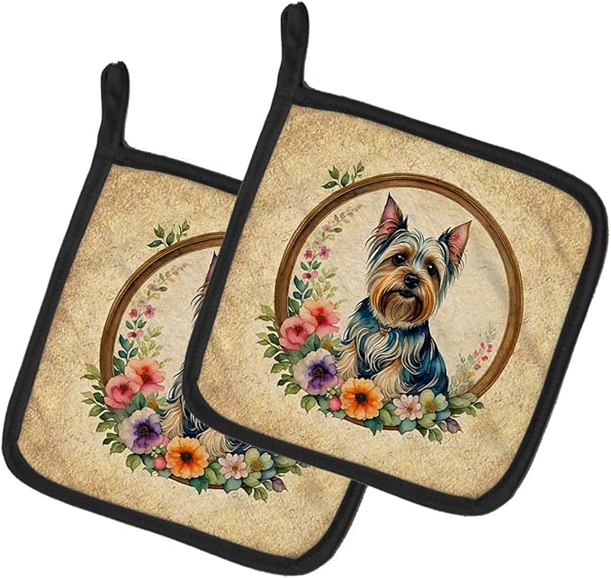 Caroline's Treasures Silky Terrier and Flowers Pair of Pot Holders Kitchen Heat Resistant Pot Holders Sets Oven Hot Pads for Cooking Baking BBQ, 7 1/2 x 7 1/2