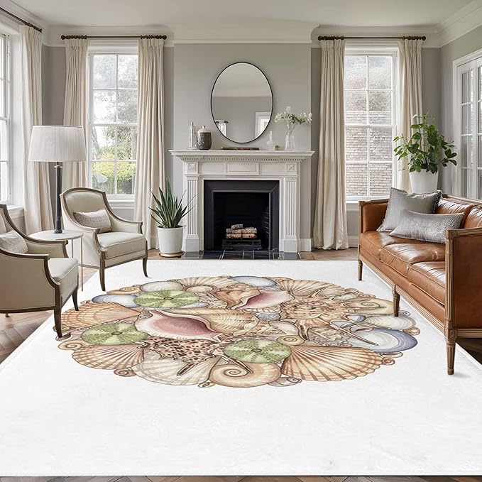 Area Rug 6x9ft, Coastal Colorful Shell Conch Washable Rugs for Living Room Bedroom, Modern Abstract Art Soft Non-Slip Area Rugs Rectangle Floor Carpet for Dining Room