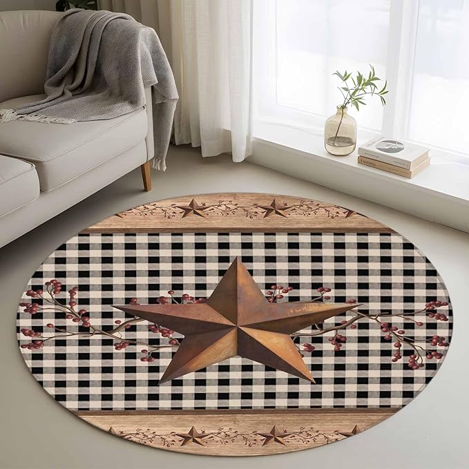 Brown Texas Star Retro 4ft Round Rug, Country Star Non-Skid Rubber Backing Large Area Rugs - Living Room Bedroom Home Office, Black White Plaid Wooden Indoor Floor Mat Carpets Washable Rug