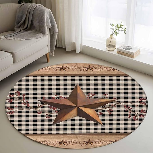 Brown Texas Star Retro 4ft Round Rug, Country Star Non-Skid Rubber Backing Large Area Rugs - Living Room Bedroom Home Office, Black White Plaid Wooden Indoor Floor Mat Carpets Washable Rug