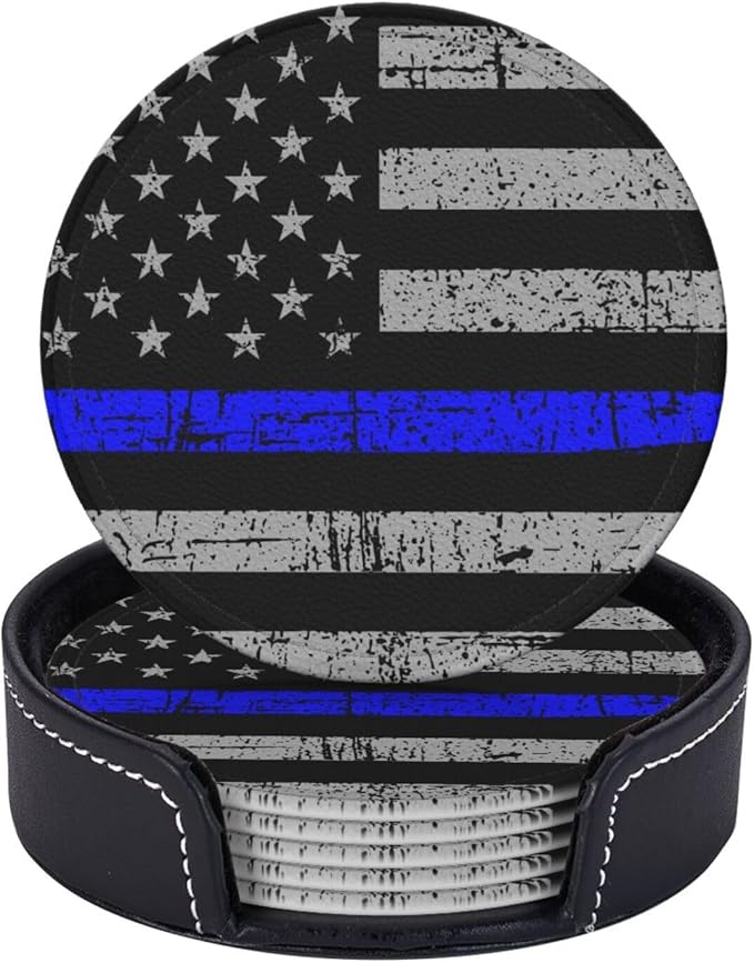 Thin Blue Line Leather Drinks Coasters with Holder, Set of 6, Suitable for Various Cups