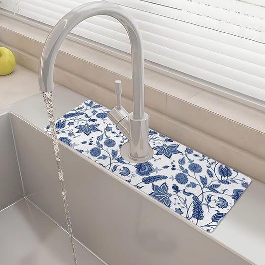 15" X 5.5" Kitchen Sink Splash Guard Faucet Mat Floral Super Absorbent Fast Drying Faucet Guard & Draining Mat Sink Splash Guard Behind Faucet for Kitchen, Bathroom