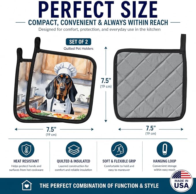Caroline's Treasures Black and Tan Coonhound The Chef Pair of Pot Holders Kitchen Heat Resistant Pot Holders Sets Oven Hot Pads for Cooking Baking BBQ, 7 1/2 x 7 1/2